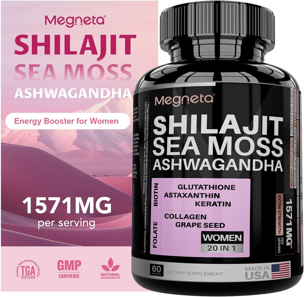 All-in-One Sea Moss, Shilajit, Ashwagandha & Glutathione Supplement for Women, Boost Energy, 60 Capsules