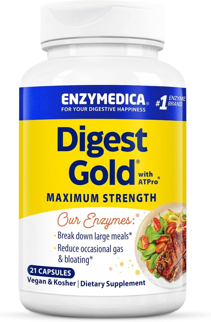 Enzymedica Digest Gold + ATPro, Maximum Strength Enzyme Formula, Prevents Bloating and Gas, 14 Key Enzymes Incluyendo Amylase, Protease, Lipase y Lactase, 21 cápsulas (FFP)