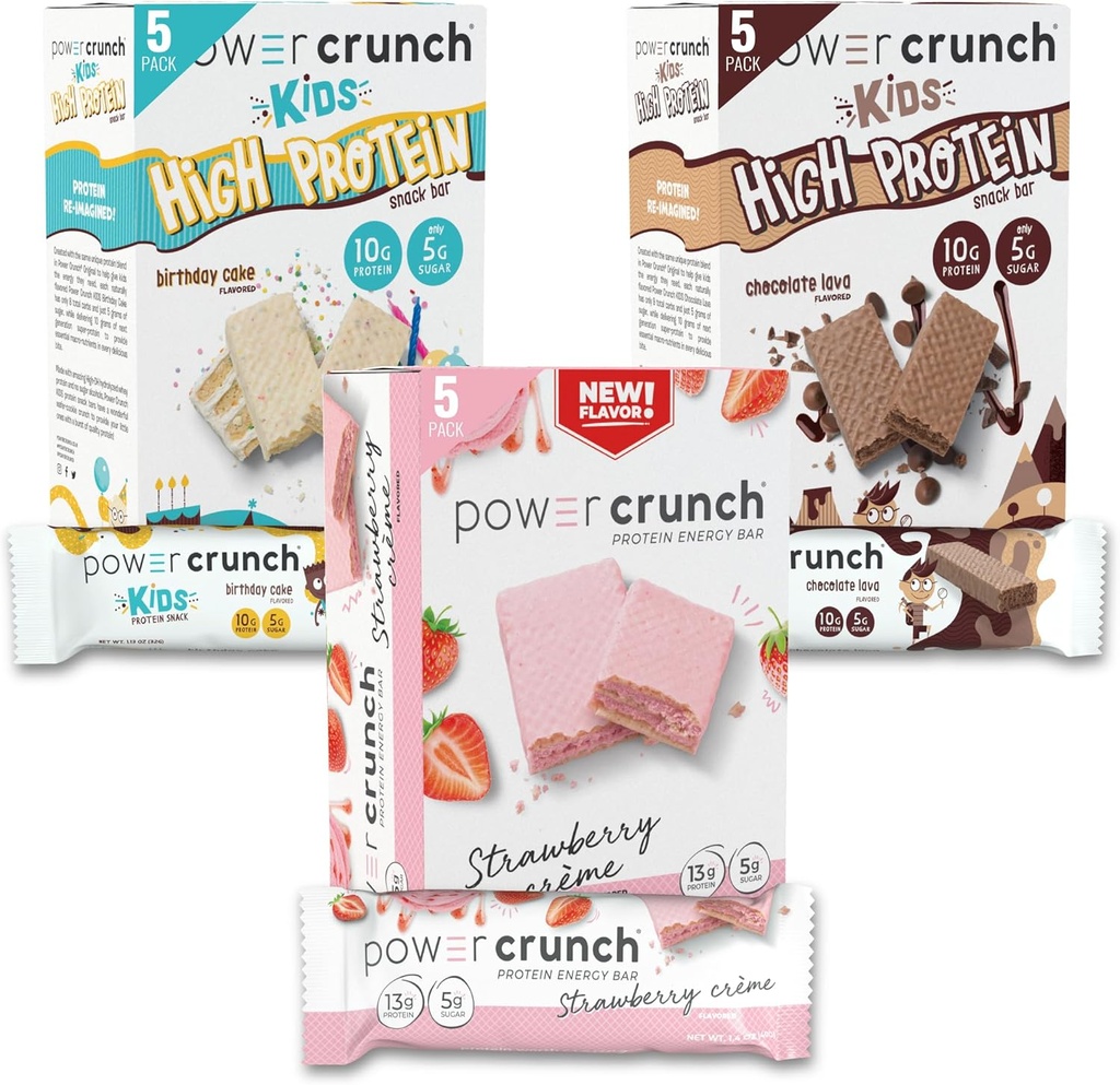 Power Crunch Protein Wafer Bares y Power Crunch KIDS Protein Bares, Variety Pack, (15 Conde) High Protein Snacks con Delicious Taste