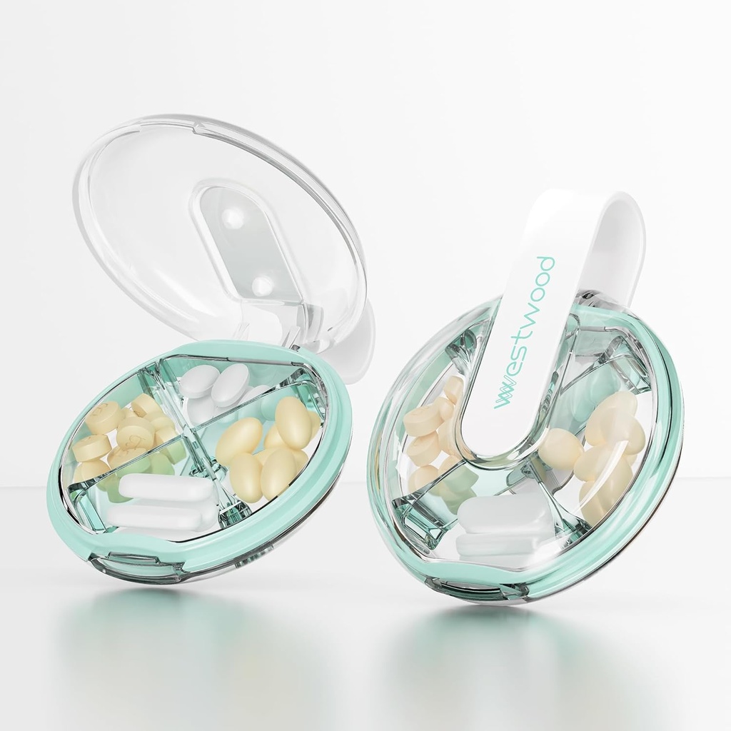 Caja pequeña de pill, caja de pill lindo para purse &amp; Pocket, 4 cargador de píl extraíble del apartamento, organizador portátil de píldoras para vitaminas, suplementos, aceites de pescado (en verde)