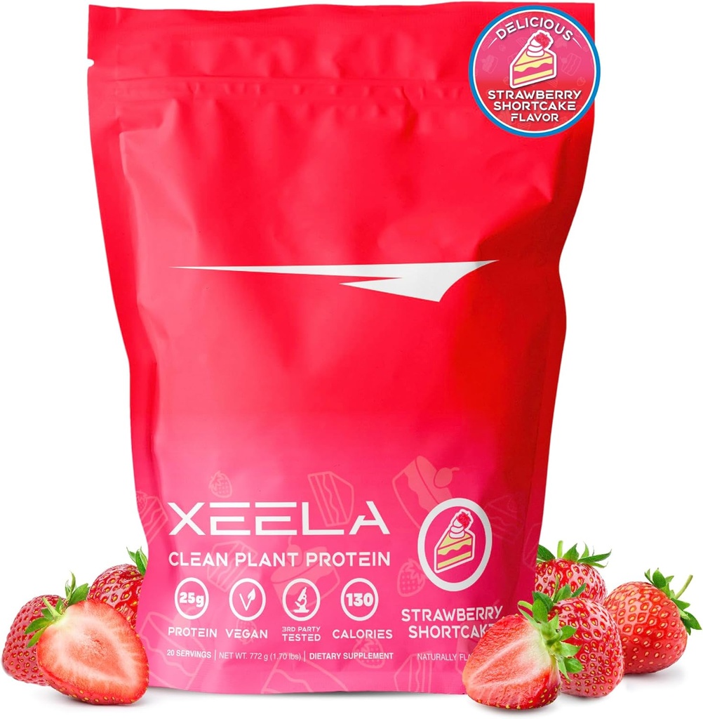 XEELA Planta base de pólvora de proteína vegana - Proteína de 25g de alta Proteína, Pea Proteína para hombres y mujeres - Vitaminas " Minerales, No GMO, Dairy " Gluten Free, LowCarb " LowFat (cama de fresa)