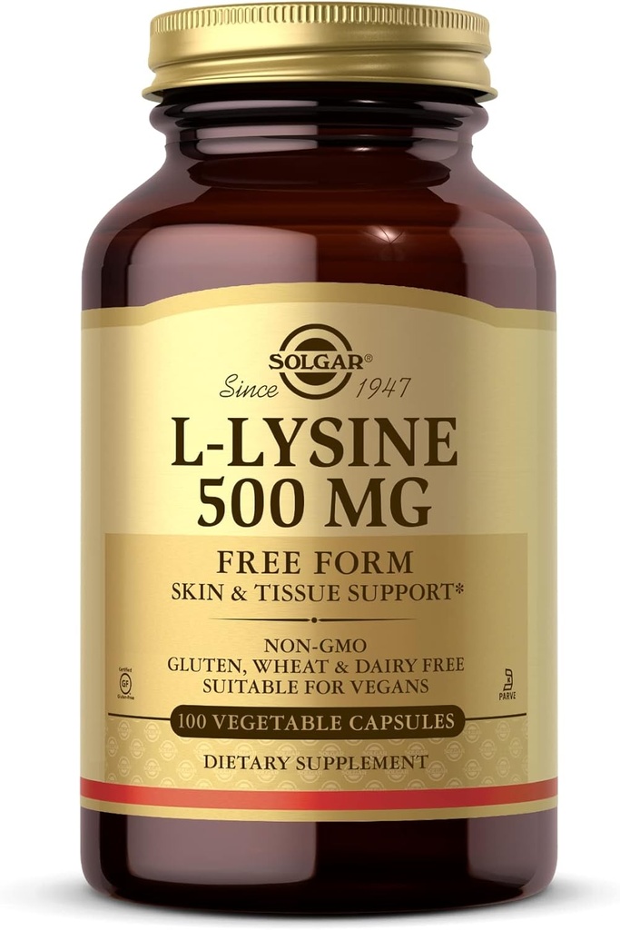 Solgar L-Lysine 500 mg - 100 cápsulas vegetales - Skin & Tissue Support - Non-GMO, Vegan, Kosher, Gluten Free - 100 piezas
