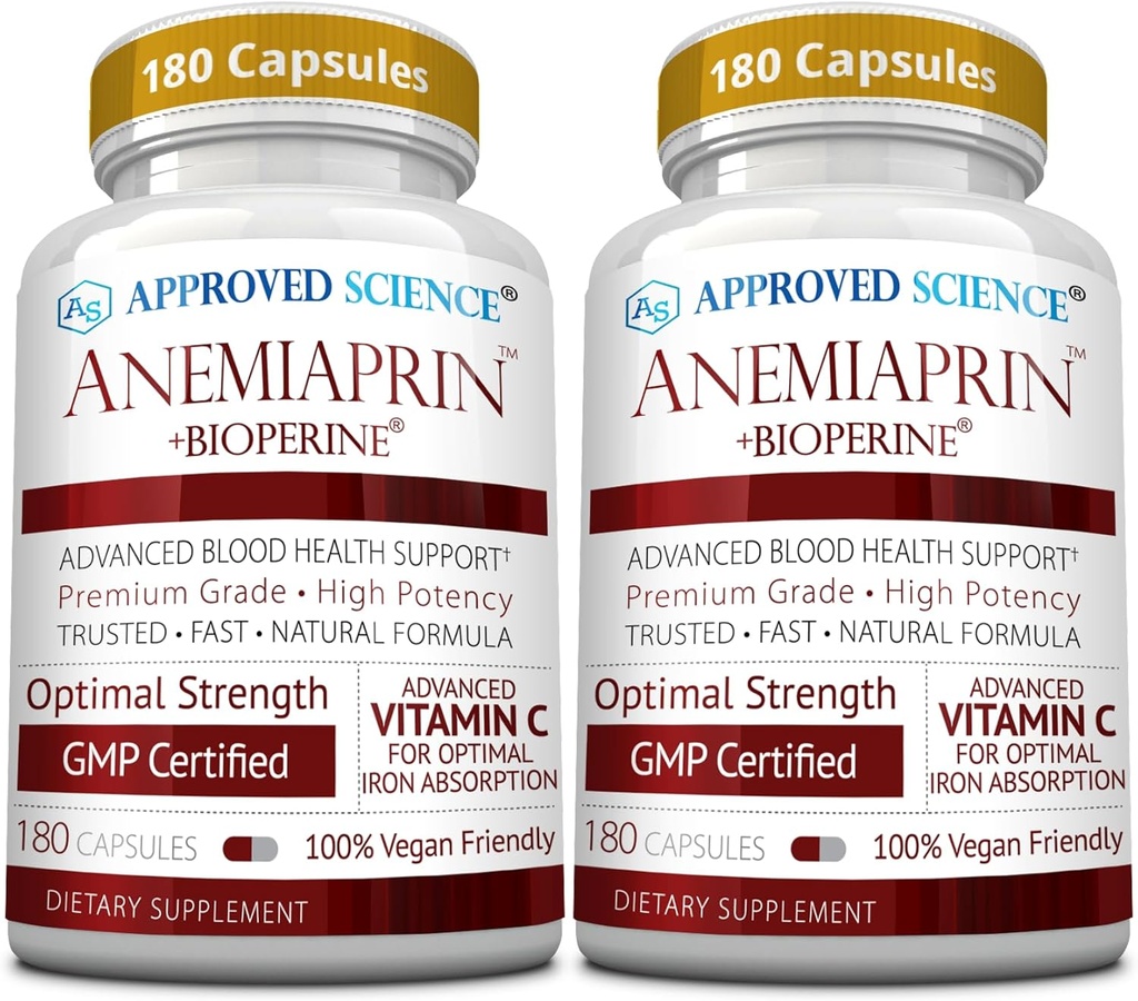 Anemiaprin de ciencias aprobadas - Hierro Absorbable, Vitamina C - Gentle On Stomach - 380 cápsulas - 6 meses de suministro - No GMO, Vegan