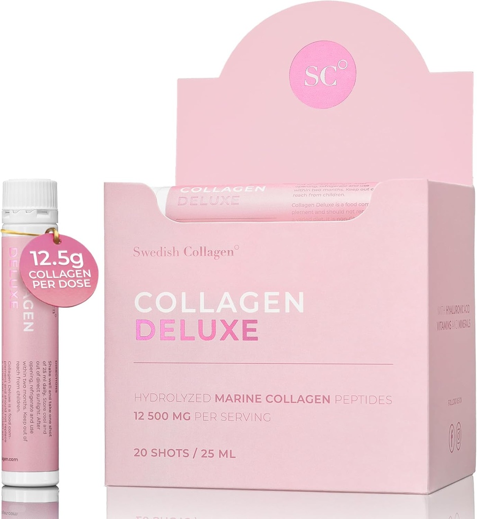 Sueco Collagen Deluxe ← 12,500 mg Hidrolyzed Marine Collagen Liquid Supplement - 20 x 25 ml Daily Shots TEN Hyaluronic Acid, Biotin y Vitamina C for Healthy Hair, Skin, Nails and Joints