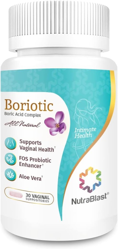 NutraBlast Boric Acid Vaginal Suppositories Complex w/Aloe Vera & FOS Prebiotic Enhancer | All Natural Boriotic | Made in USA (30 Count)