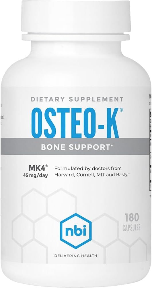 NBI Osteo-K Bone Support ← Vitamina D & K Complex with Calcium Citrate Suplemento  45mg Vitamina K2 (MK4) para una fuerte salud de huesos " Función  durable 180ct Veggie Capsules