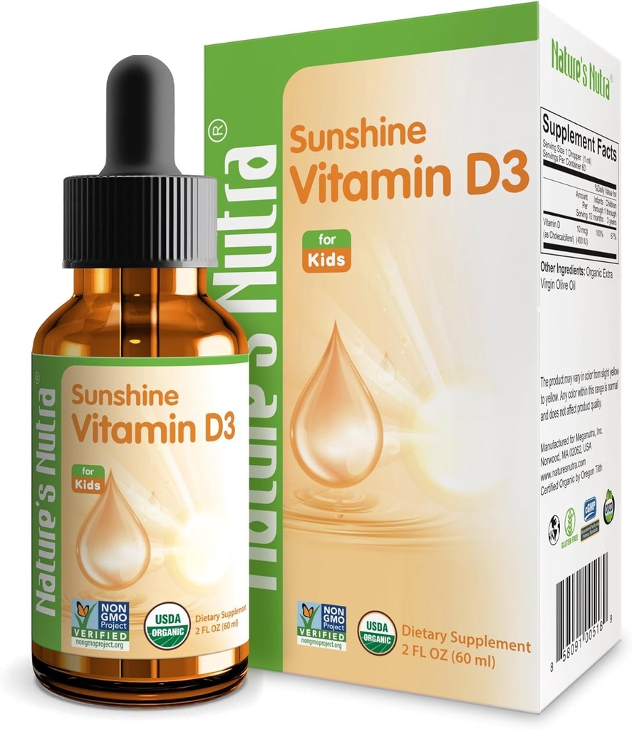 Nature's Nutra Sunshine Vitamin D3 400IU, 2 Fl. Oz (60ml), Premium Baby and Infant Liquid Drops, Toddlers Kids Children Multivitamin Supplement, Non-GMO, Plant Extract