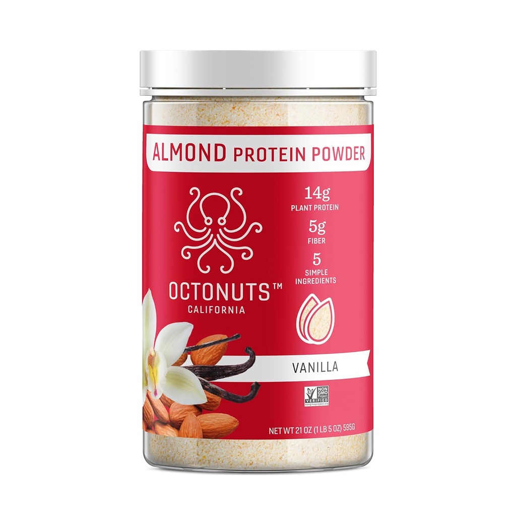 Octonuts Vainilla Almond Protein Powder 21oz – Proteína vegana basada en plantas – Limpiar la ropa baja con 14g Proteína, 5g Fiber – Keto, Paleo, Gluten Free, Non-Dairy – Ideal para Shakes, Smoothies o Baking