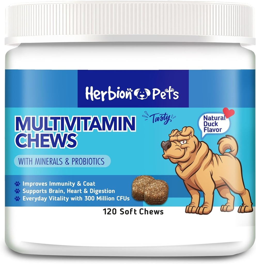 Herbion Mascotas multivitamínicos con minerales " Probióticos, mejora la inmunidad " , apoya la digestión, cerebro " salud del corazón, sabor a pato natural delicioso, suplementos de perros " vitaminas, paquete de 1