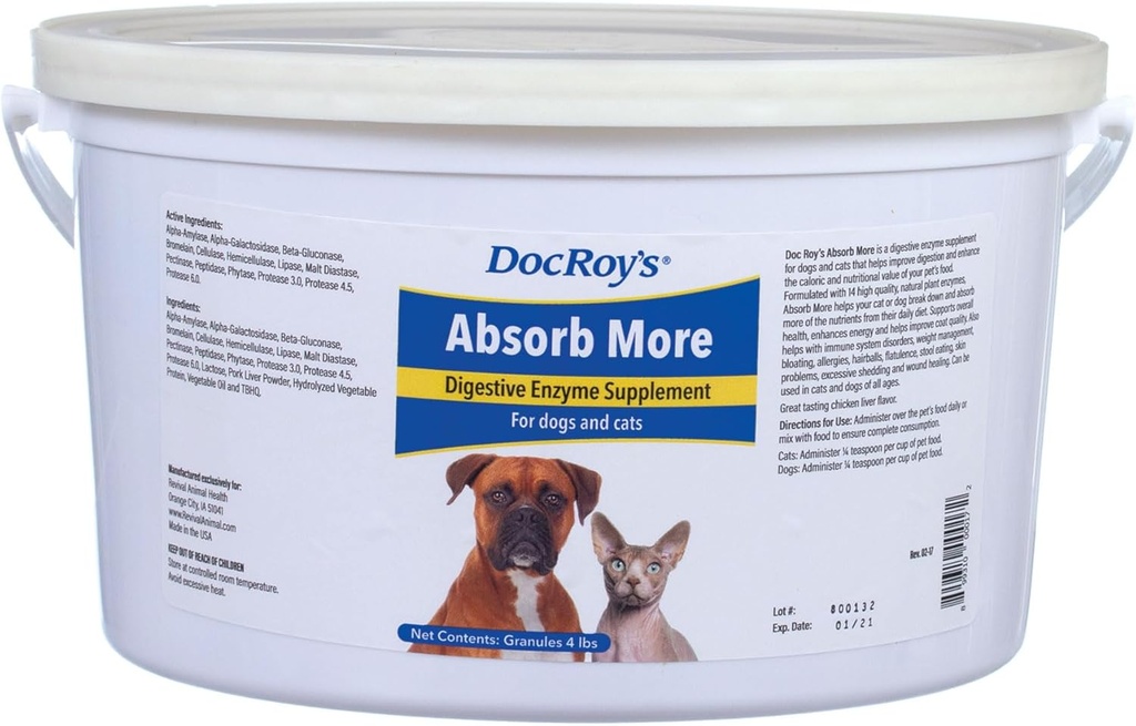 Doc Roy's Absorb More - Suplemento de Enzima Digestiva- para perros ' Cats - 4lb Granules