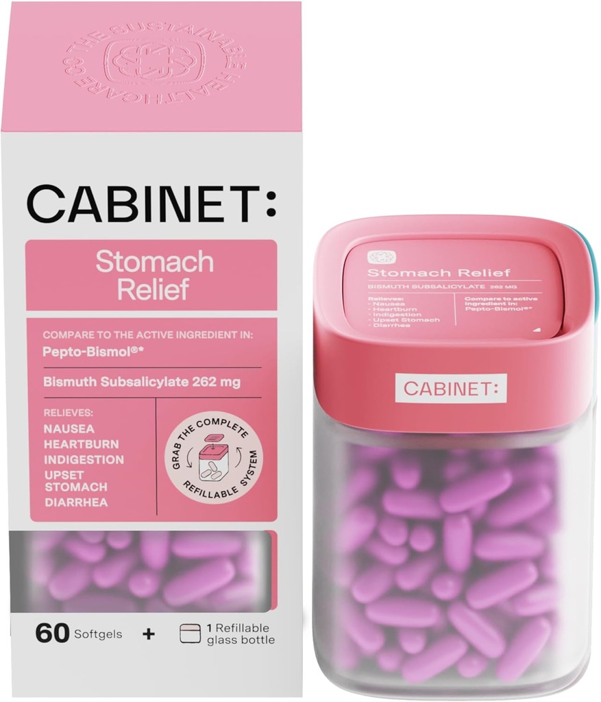 Cabinet: Stomach Relief Bismuth Subsalicylate 262mg, 60 Conde ← Alivio Anti-Diarreal para Upset Stomach, e Indigestión (Starter Kit)
