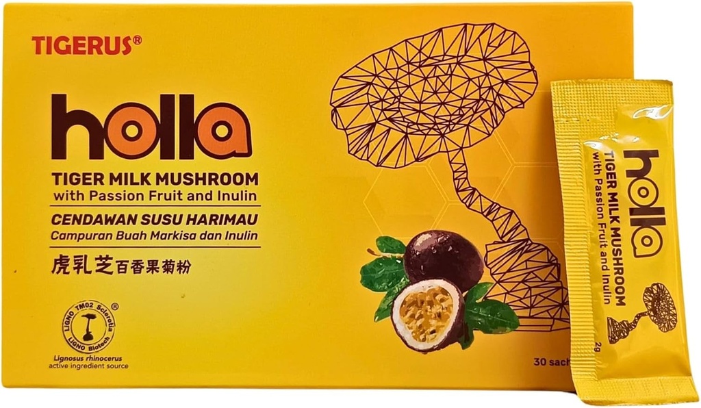 TIGERUS® Holla Tiger Milk Mushroom with Passion Fruit and Inulin - Immune Support, Digestive Health, Antioxidant Boost, Natural Wellness Supplement - 30 Sachets