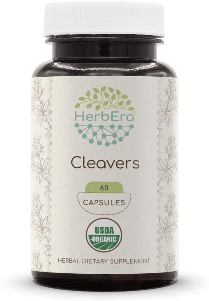 HerbEra Cleavers USDA Organic 60 Capsules Silencio Natural Herbal Suplemento Silencio Certified Organic Vegetarian Capsules and Organic Cleavers (Galium aparine) Dried herb (60 Capsules)