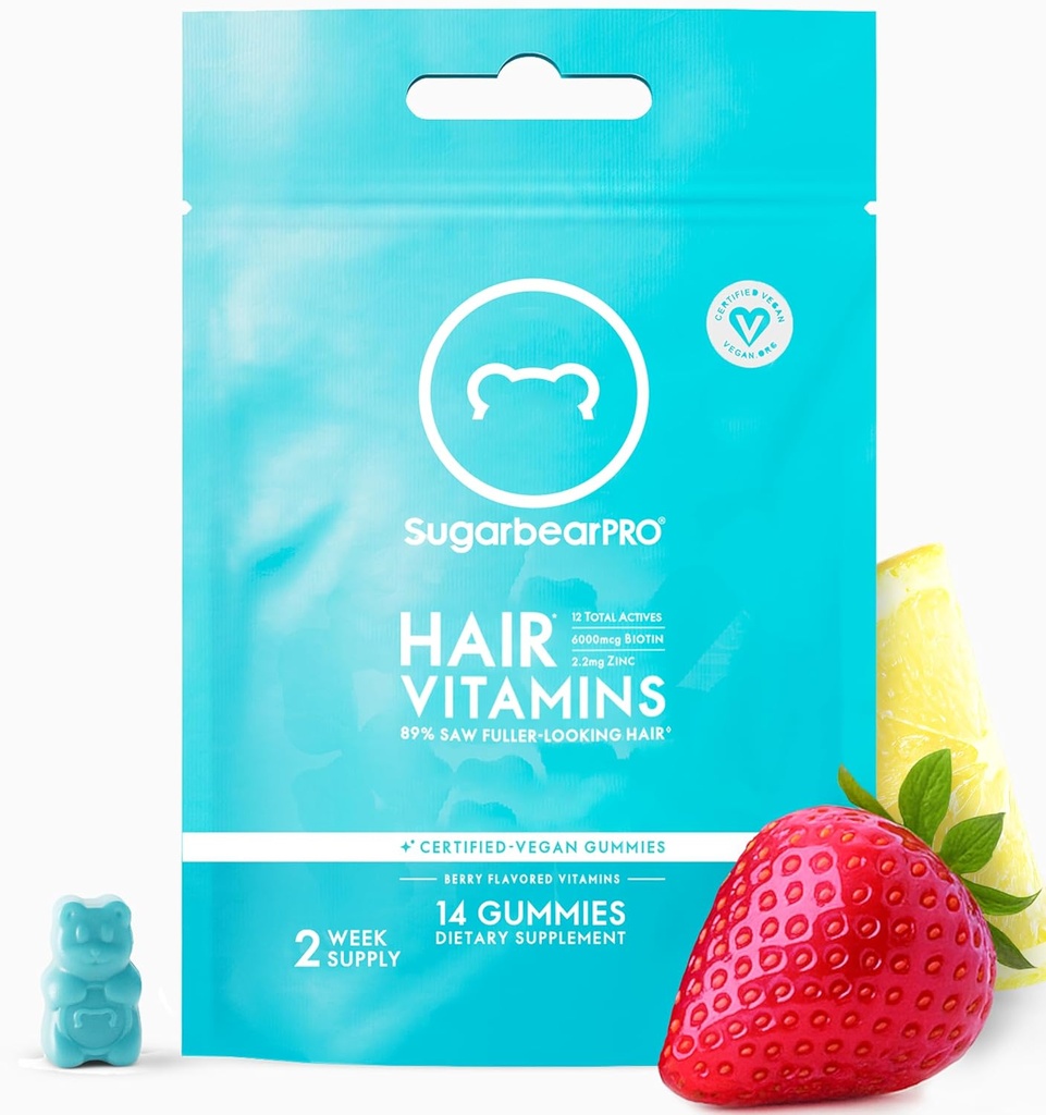SugarBearPro Hair Vitamin Gummy 14 Day Supply Extra Strength Biotin 6000mcg, Growth for Men &amp; Women, Vegan Vitamin B12, MSM, Inositol, Omega 3, Elderberry, Certified Kosher, Halal, Cruelty-Free