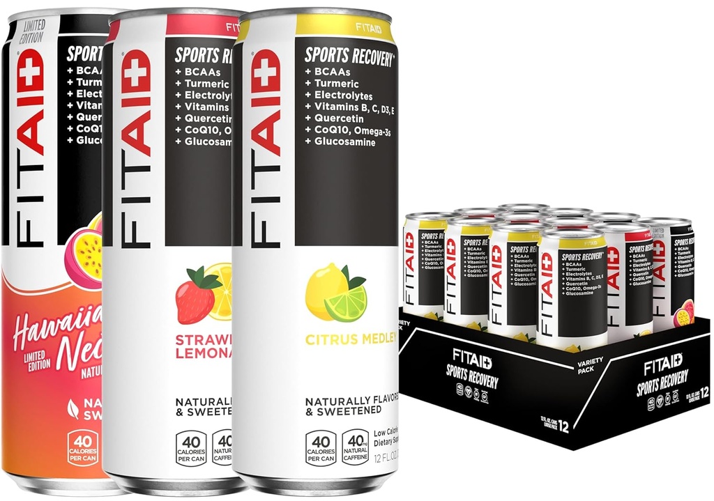 FITAID Recovery Blend, Variety Pack, BCAAs, Glucosamine, Electrolytes, Omega-3s, Green Tea, 100% Clean, Paleo, Vegan &amp; Gluten-Free, Naturally Sweetened & Flavored, 12-oz. latas (Pack of 12)