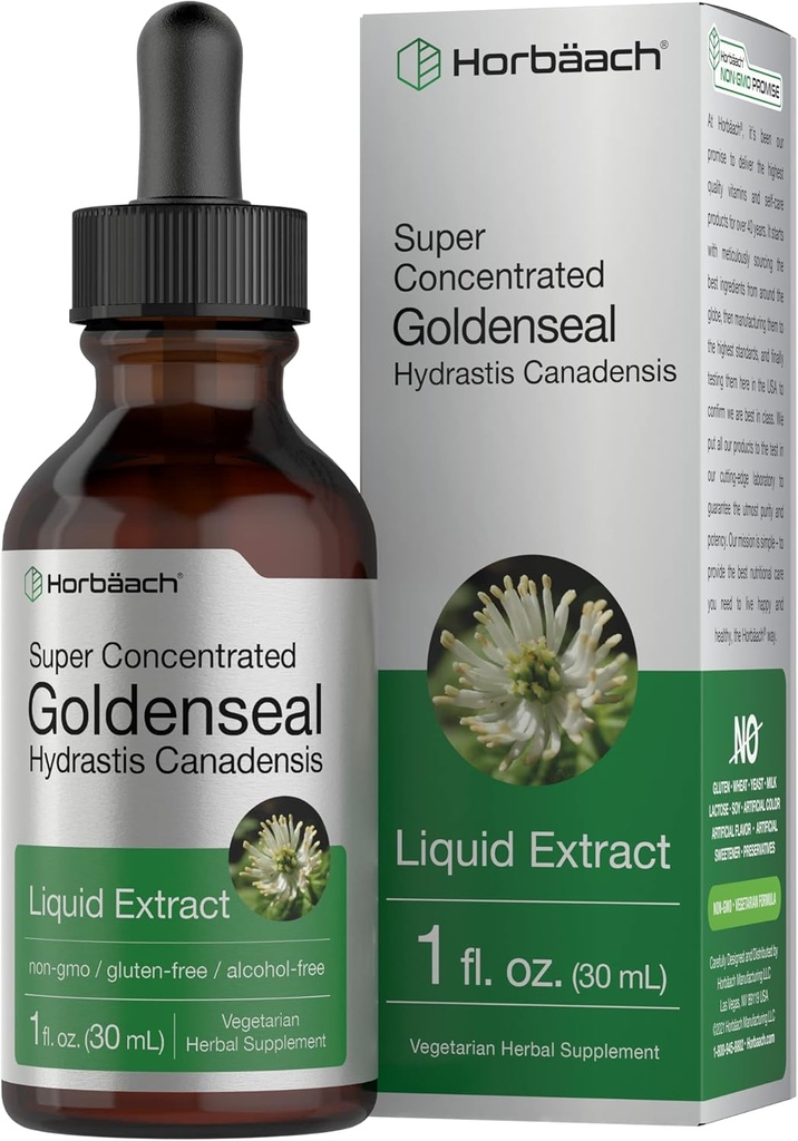 Horbäach Goldenseal Root Tincture TENIDO 1 Fl Oz TENIDO Líquido Suplemento de Extracto Silencio Hydrastis Canadensis Herb Drops ANTE Alcohol Gratis ← Vegetariano, No GMO, y Gluten Free
