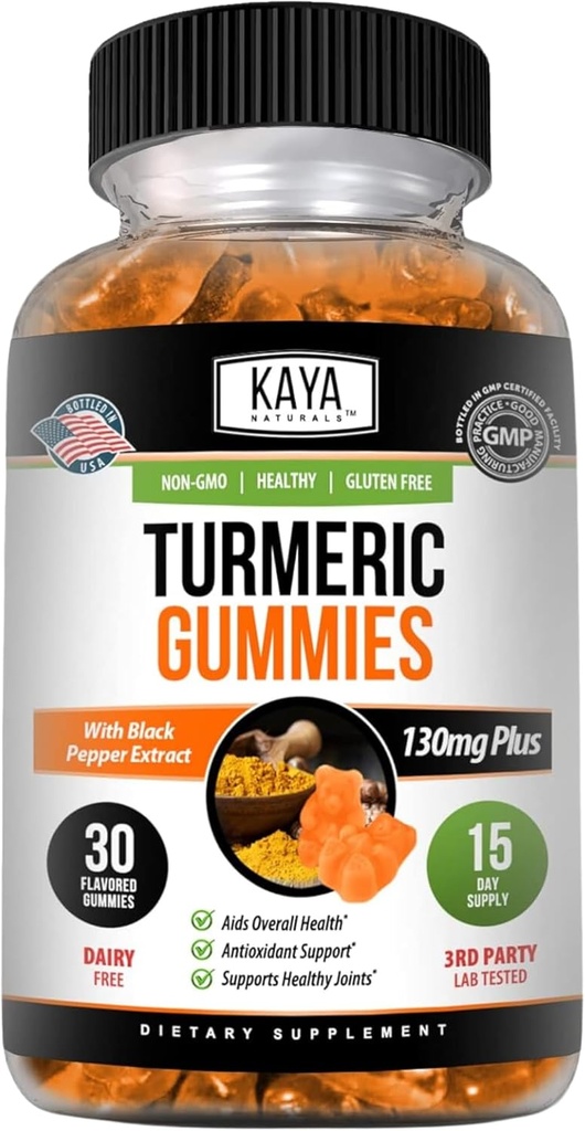 Kaya Naturals Suplementos Turméricos Gummies - Pura Naturaleza Turmérica Curcumin -Turquía Ginger Gummies - 30 Conde Gummy - Turmérico con Black Pepper Extract