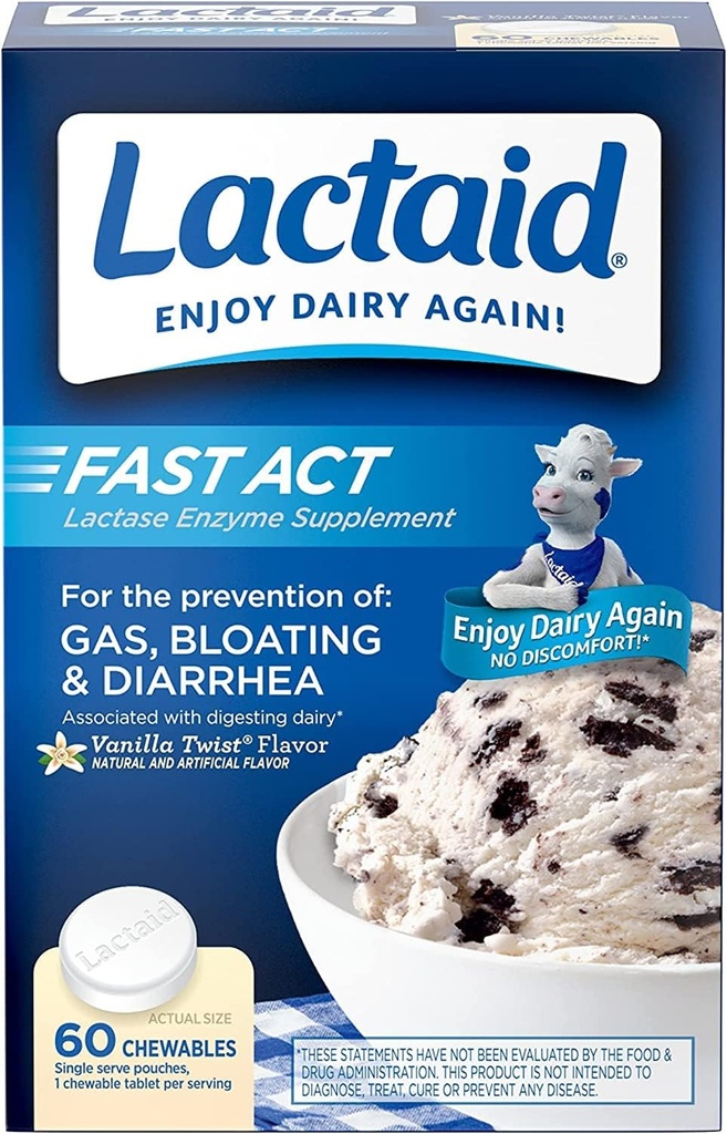 Lactaid Fast Act Lactose Intolerance Relief Chewables with Lactase Enzyme to Prevent Gas, Bloating " Diarrhea Due to LactoseSensitivity,Ideal for Travel PulOn-the-Go, Vanilla Twist,60 Packs of 1-ct.(5pk)