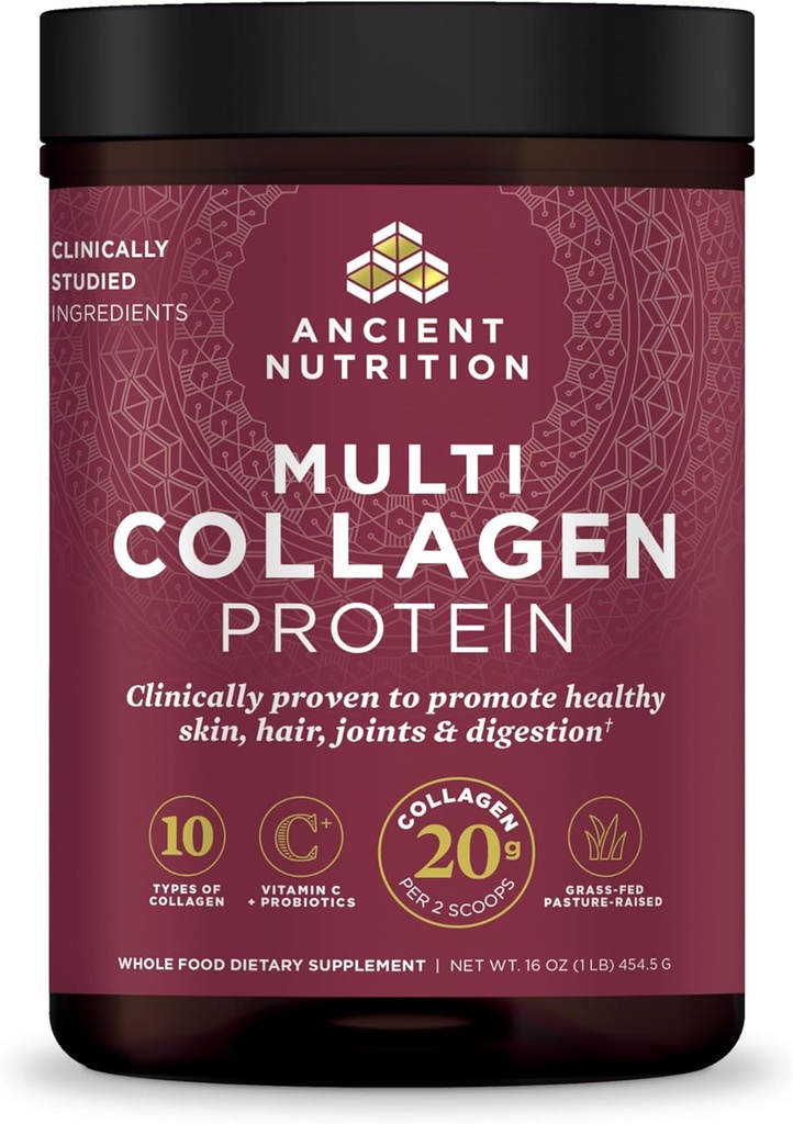 Proteína de polvo de Collagen de Nutrición Antigua con Probióticos, Proteína Multi Collagen Desarrollada con Vitamina C, 45 Servimientos, Péptidos de Collagen Hidrolyzed Soporta la piel y las uñas, Salud Gut, 16oz