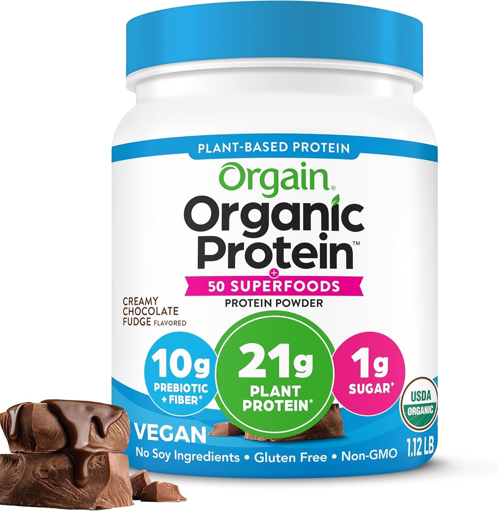 Orgain Orgain Orgánica Vegan Proteína + 50 Superfoods Powder, Creamy Chocolate Fudge - 21g Proteína con base vegetal, fibra prebiótica 10g, sin ingredientes de lactosa, sin gluten, sin azúcar añadido, no GMO, 1.12 lb