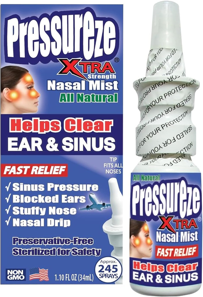 Pressureze Xtra - Natural- Preservative Free - Sterile Nasal Spray - para Severe Sinus Congestion Relief - Opens Blocked Ear Canales, Snoring - 245 Sprays, 34 ml (Pack of 1)