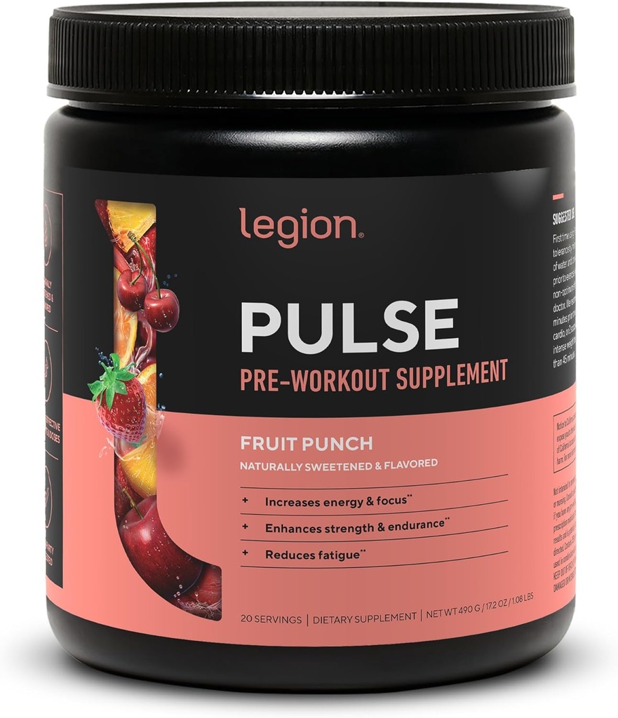 LEGION Pulse Pre Workout Supplement - All Natural Nitric Oxide Preworkout Drink to Boost Energy, Creatine Free, Naturally Sweetened, Beta Alanine, Citrulline, Alpha GPC (Fruit Punch)