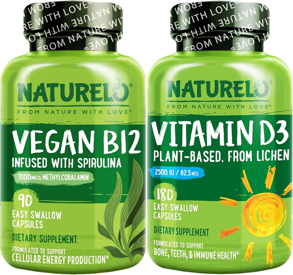 NATURELO Vitamina D - Planta Basada en Lichen - 180 Mini cápsulas, Vegan B12, 1000 mcg Metilcobalamina - 90 cápsulas