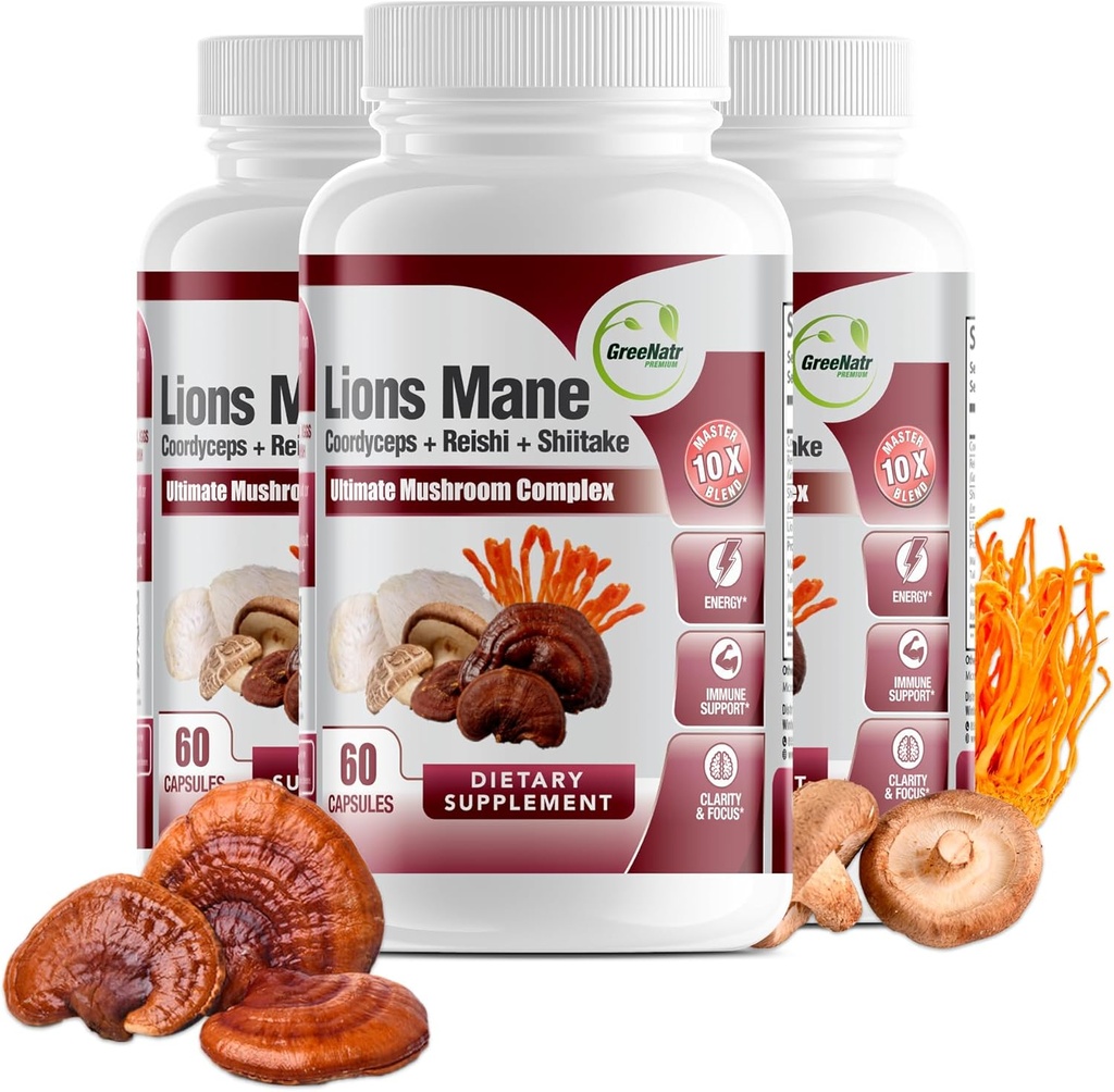 GreeNatr Suplemento completo de baño -10 en 1 Complejo con Lions Mane, Cordyceps, Shiitake, Chaga, Turquía Tail for Immune Support, Memory, Focus &amp; Natural Energy Booster - 180 Capsules (3 Bottles)