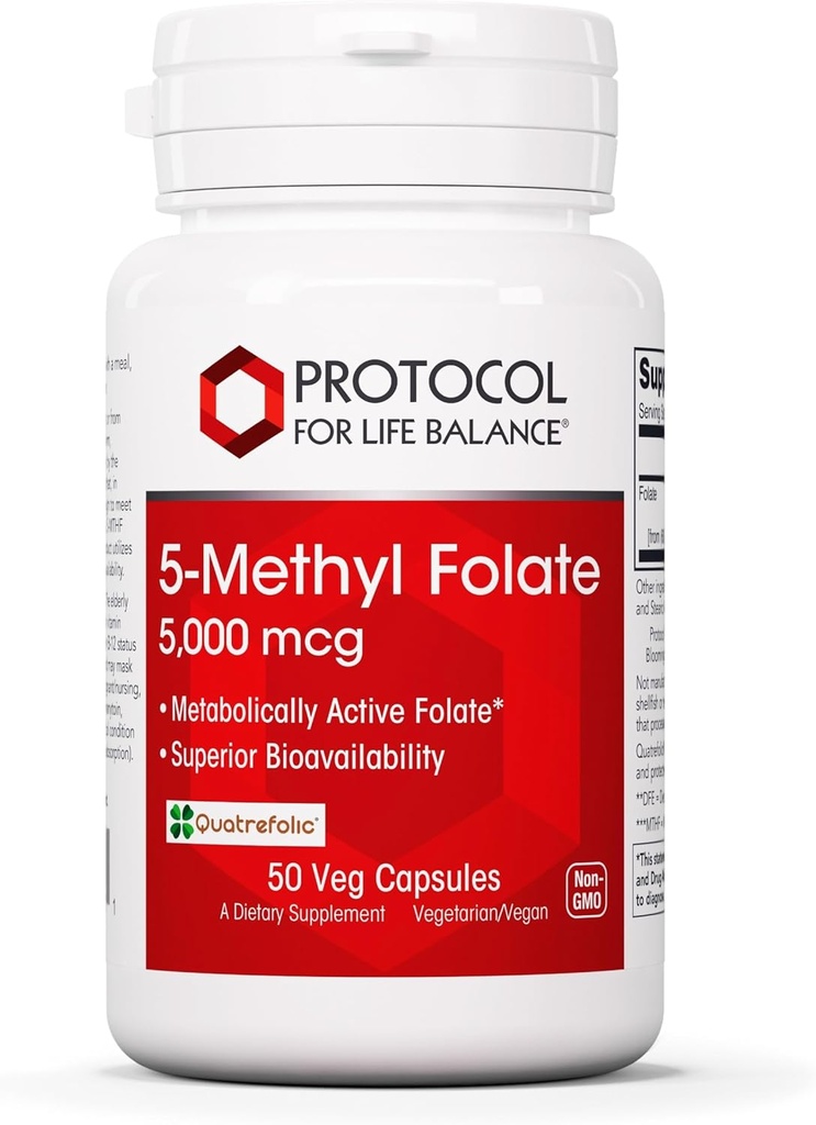PROTOCOLO PARA LA VIDA BALANCE 5-Methylfolate 5,000mcg - Superior Methyl Folate Bioavailability - para el apoyo cerebral - Folate Suplemento para Mujeres Hombres - Kosher & Vegan - 50 Veg Caps