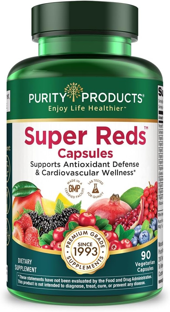Productos de pureza Super Rojos Capsules Fórmula (20+ Super Frutas y Berries) Fitonutrientes orgánicos certificados - 90 cápsulas