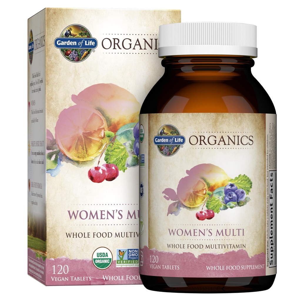 Jardín de la Vida Orgánicas Multivitamina para Mujeres, Mujeres Multi con Vitamina C, D, Folate, B6, B12, Biotina, Hierro, Vegan entera Vitaminas Alimentarias para Mujeres, Energía, Esquí, uñas, 120 Tabletas