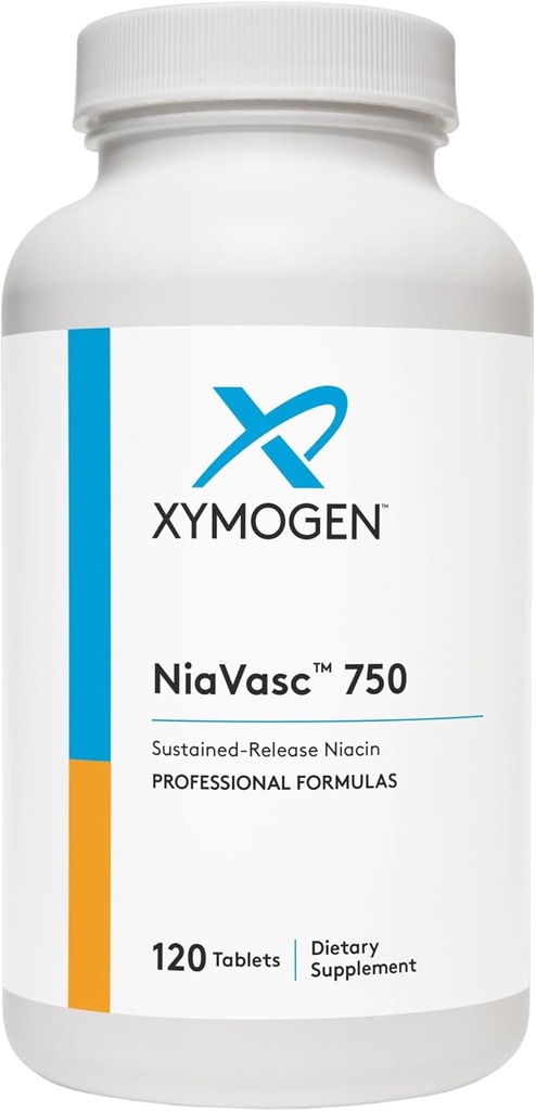 XYMOGEN NiaVasc 750 - Niacina de liberación sostenida para un efecto de flushing menor - apoya el mantenimiento de las tuberías sanas de sangre (120 tablas de liberación del tiempo)
