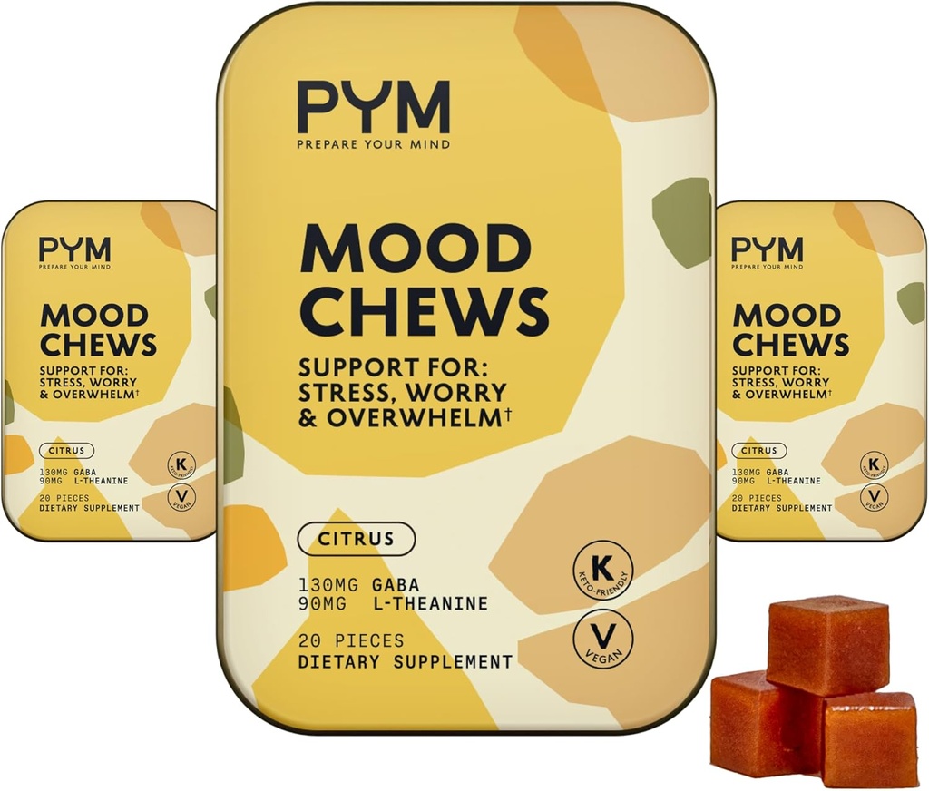 PYM Citrus Mood Chews Support for Stress, Worry &amp; Overwhelm, 60 Count Ø 130mg GABA, 90mg L-Theanine ← Vegan, Non-GMO, Gluten-Free, No Añadido Sugar ← All-Natural Mood Balance Supplement Made in USA