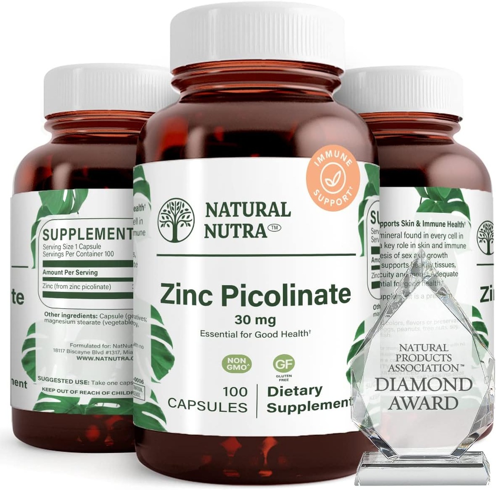 Natural Nutra Zinc Picolinate 30 mg, doble fuerza, cruda y pura, suplemento altamente biodisponible para el crecimiento y el apoyo a las inmunes, ayuda a promover la salud de la piel, ayuda a apoyar el sistema metabólico 100 cápsulas