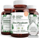 Natural Nutra Zinc Picolinate 30 mg, doble fuerza, cruda y pura, suplemento altamente biodisponible para el crecimiento y el apoyo a las inmunes, ayuda a promover la salud de la piel, ayuda a apoyar el sistema metabólico 100 cápsulas