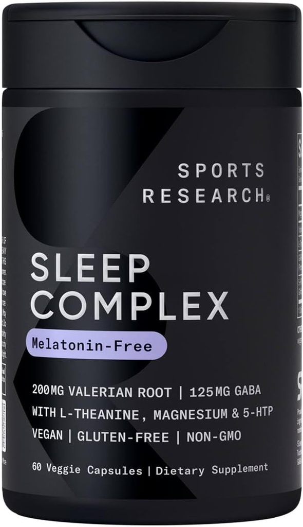 Sports Research® Sleep Complex-Melatonin-Free Vegan Capsules - con Valerian Root, GABA, L-Theanine, Magnesium &amp; 5-HTP - 30 Servimientos