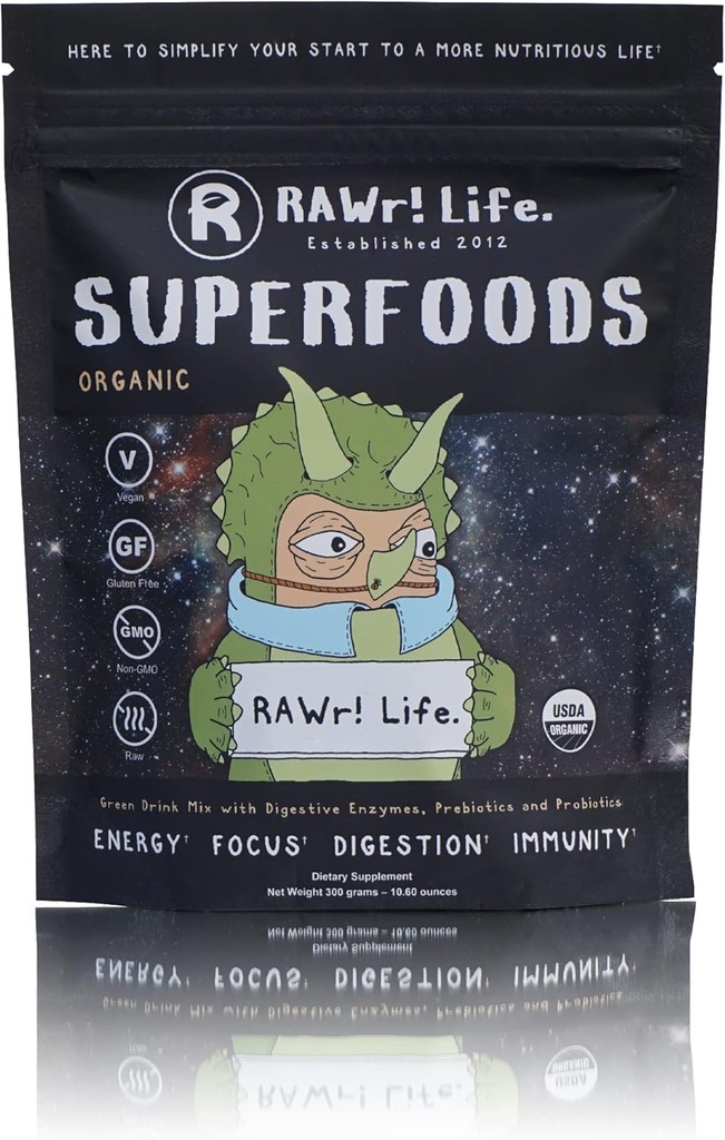 RAWr! Superfoods - w Digestive Enzymes Probiotics " Prebiotics Green Drink Powder - Certified Organic - Created by Pro Skateboarder John Motta " Pro BMXer/Rare Fruit Grower Joey Motta