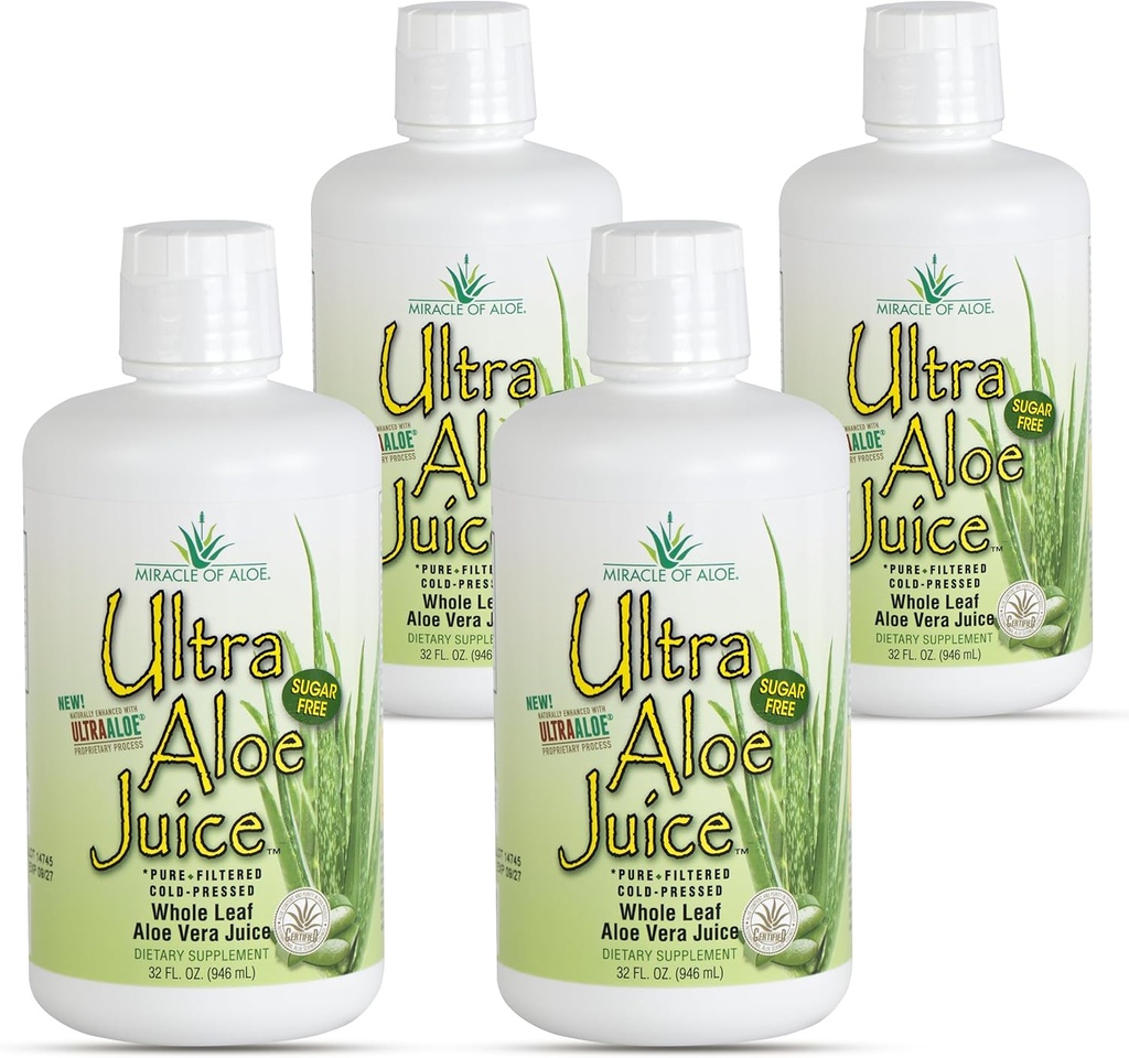 Milagro de Aloe Ultra Aloe Vera Juice, 1 Qt. 4 Pack, Hoja entera, Pura, Filtrada, Certificada para Contenido y Pureza (Gallon)