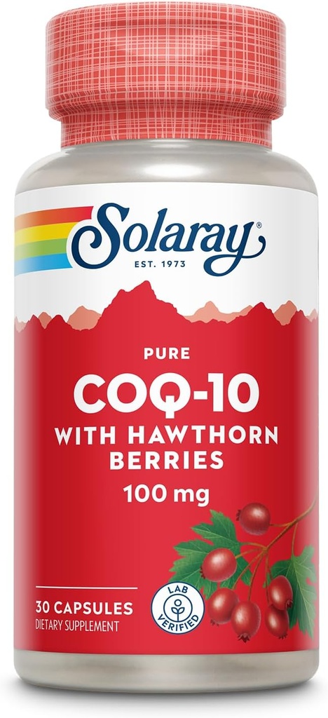 Solaray Pure CoQ10 100mg con Hawthorn Berry, Fórmula Antioxidante con CoEnzyme Q10 y Vitamina E para la energía celular y el apoyo a la salud del corazón, Lab Verified, 60 Day Guarantee, 30 Serviciones, 30 cápsulas