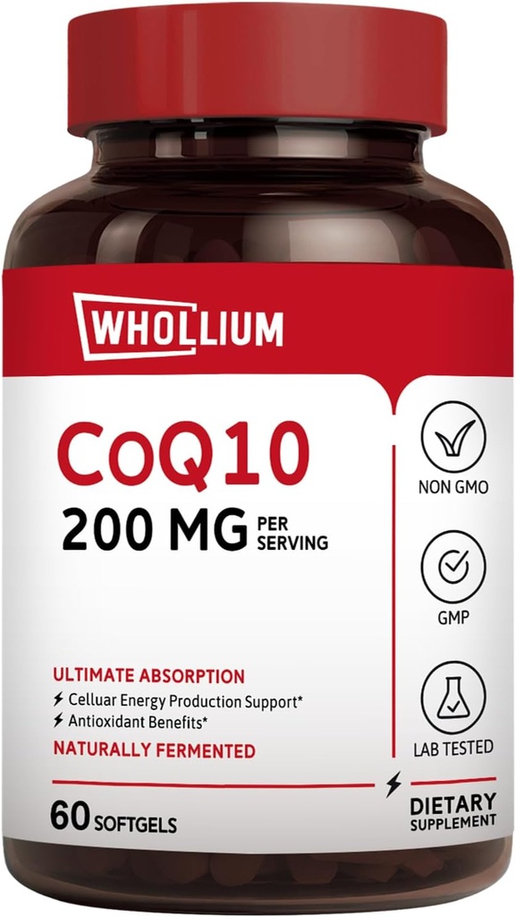 CoQ10 200mg Por Serving, Aceite de Oliva Virgen Extra, Ultra Absorción, Naturalmente fermentado, Coenzima Q10 Suplemento, Producción Energética, Corazón Saludable, Anti-Aging, 60 Softgels