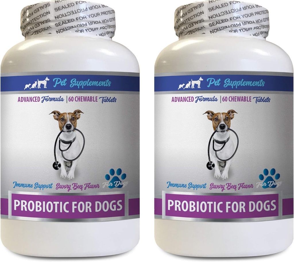 Remedios digestivos para perros - PROBIOTICS for Dogs - Gut saludable - Stop Gas Diarrhea and Bad Breath - Probióticos para perros Vitaminas - 2 Botellas (120 Treats)
