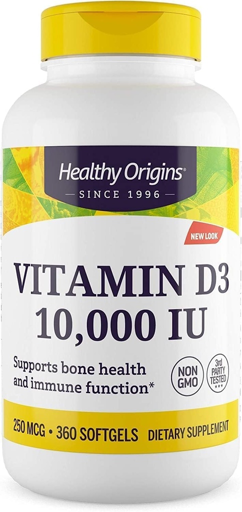 Orígenes saludables Vitamina D3 10,000 UI (No-GMO, alta potencia, soporte de bonificación, soporte para inmunes, libre de gluten), 360 Softgels