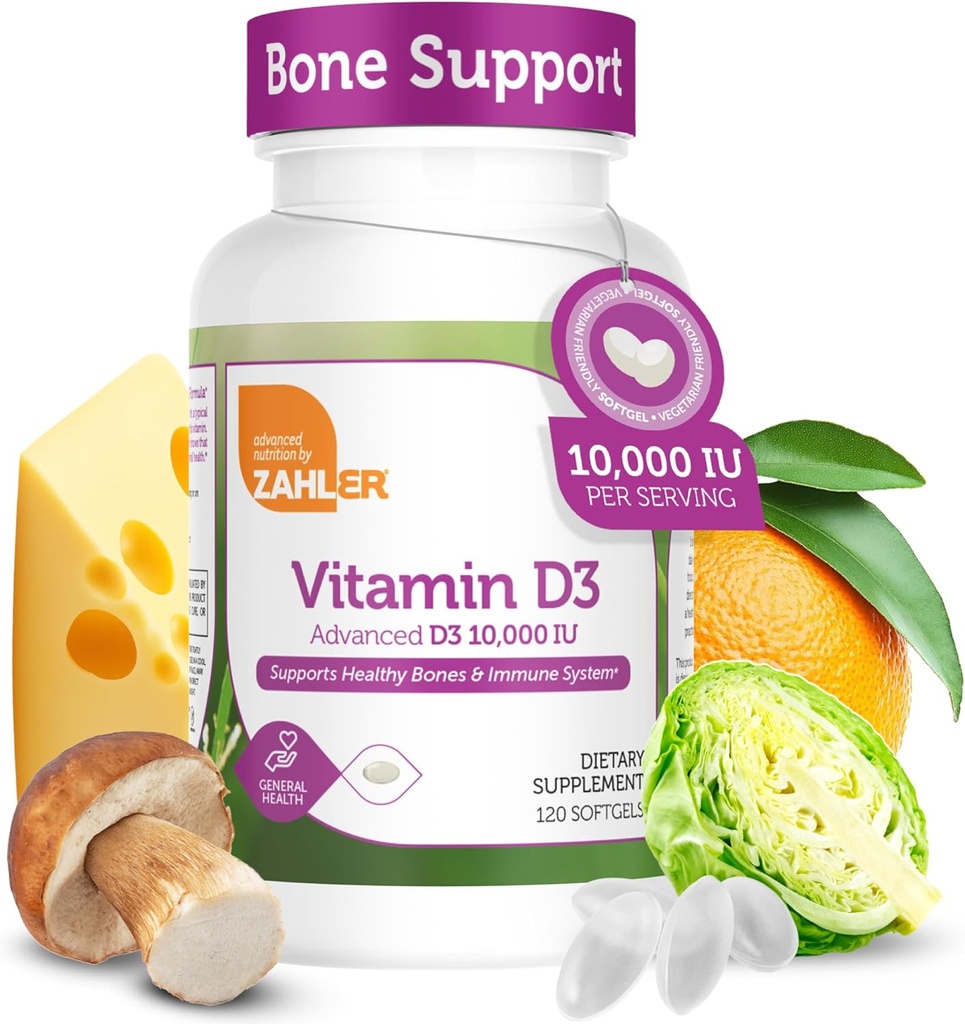 Zahler - Advanced Vitamin D3 10,000 IU Softgels (120 Count) Kosher Vegetarian Friendly Vitamin D for Immune Support, Bone, Teeth & Muscle Health - Daily D3 Vitamin Supplement for Adults - Easy Swallow