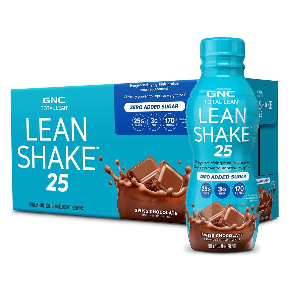 GNC Lean Shake 25 Protein Shake, Gestión de peso clínicamente probada, reemplazo de comida, 25g Proteína con azúcar cero añadido, listo para beber, chocolate suizo, paquete de 12