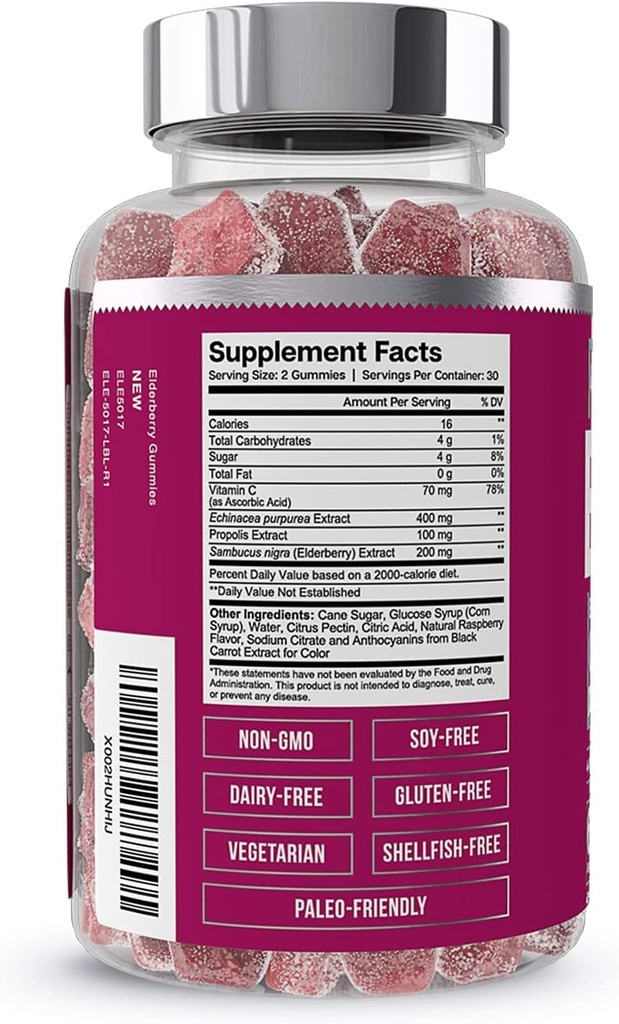 Elementos esenciales Gummies de arándano para adultos - 4-en-1 Immune Support Formula con Sambucus nigra, Vitamina C, Echinacea, Propolis Extract 60 Con