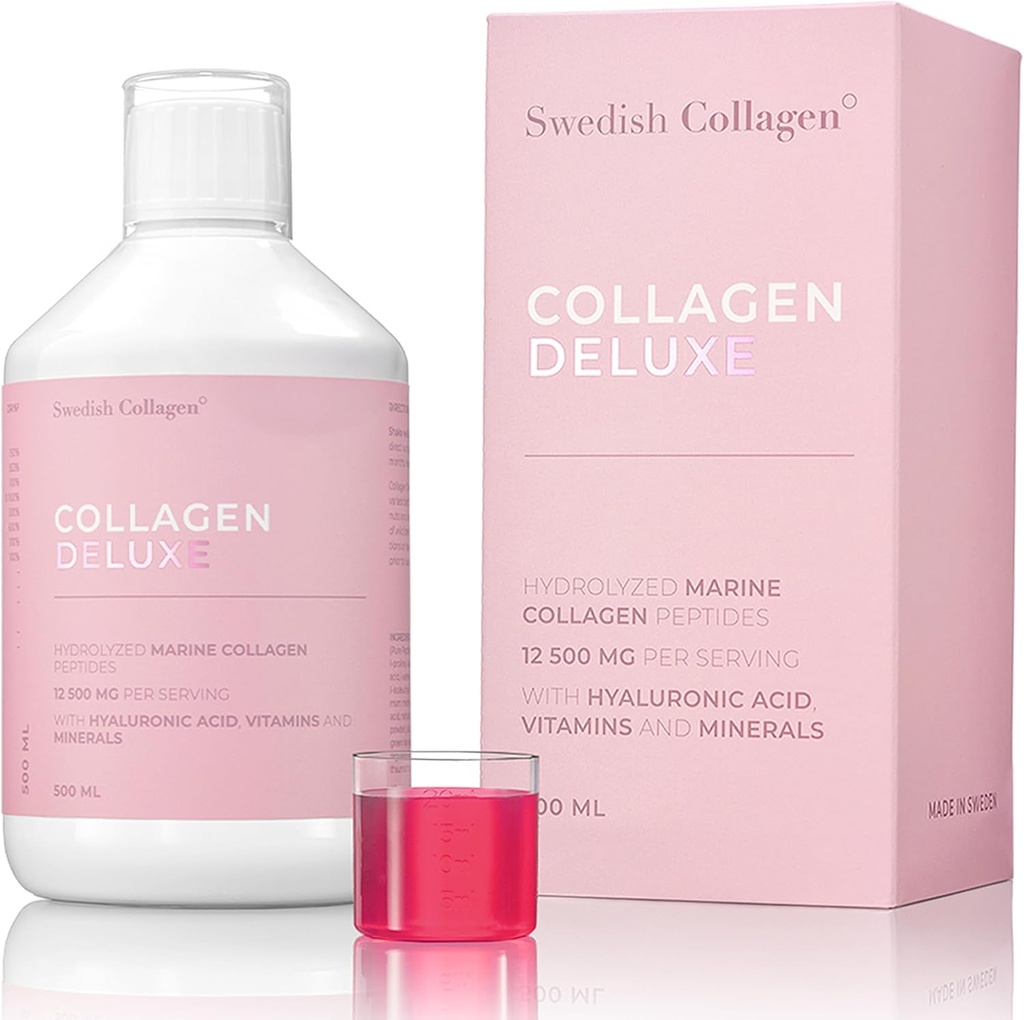 Sueco Collagen Deluxe ← 12,500 mg Hidrolyzed Marine Collagen Líquido Suplemento - 500 ml, 20 Day Supply ← Ácido Hialurónico, Biotina y Vitamina C para apoyar el cabello saludable, la piel, las uñas