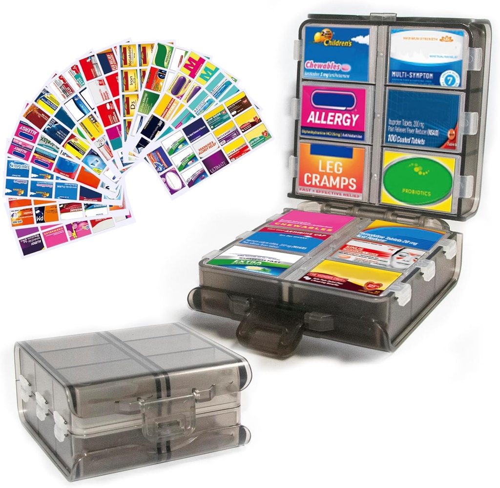 Gran organizador de píldoras con etiquetas de la medicina, dispensador de píldoras de 12 departamentos Caso de almacenamiento de medicamentos de viaje, caja de píldoras de 7 días para suplementos de vitaminas (Grey, 161 etiquetas)