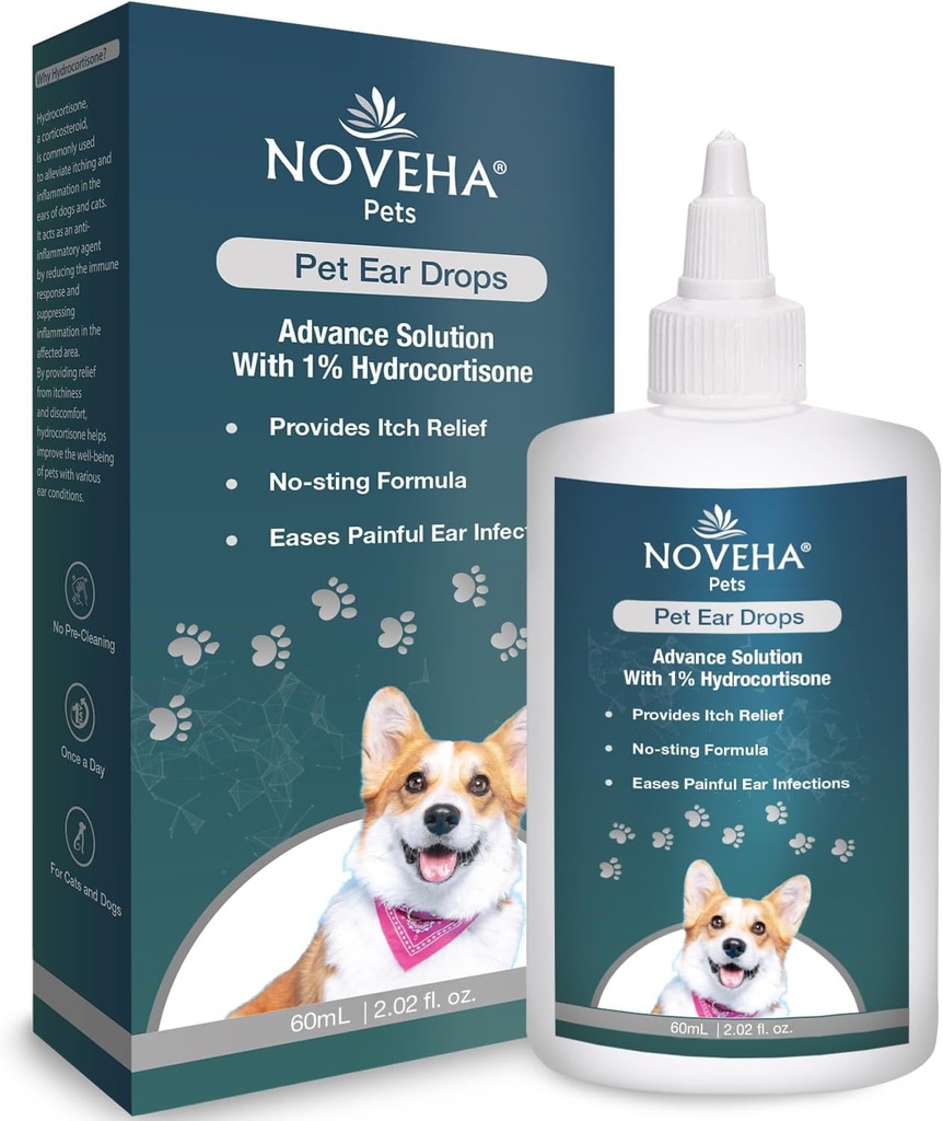 NOVEHA Pet Ear gotas con 1% Hydrocortisone ← Limpiador de oído para perros &amp; gatos para la acumulación de Earwax, Fórmula de No-Sting, Calms Itch &amp; Reduce las infecciones dolorosas del oído 60ml (Pack of 1))