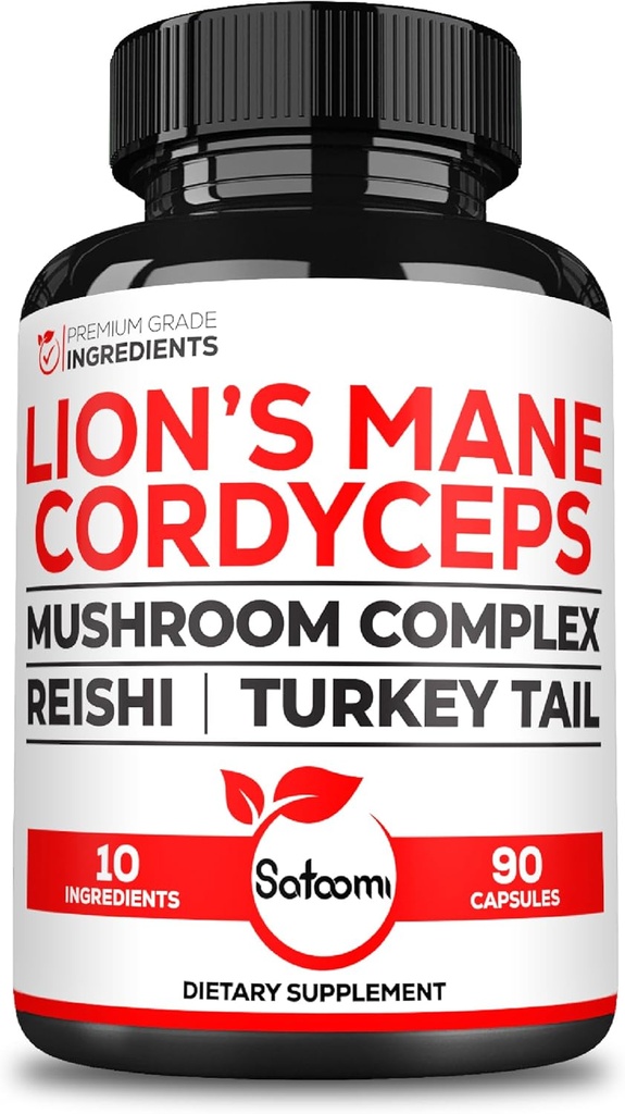 Satoomi 10in1 Cordyceps Mushroom Supplement - Blended with Lions Mane, Turkey Tail Mushroom, Reishi Mushroom &amp; Others - 90 Capsules for 90 Serving Supply