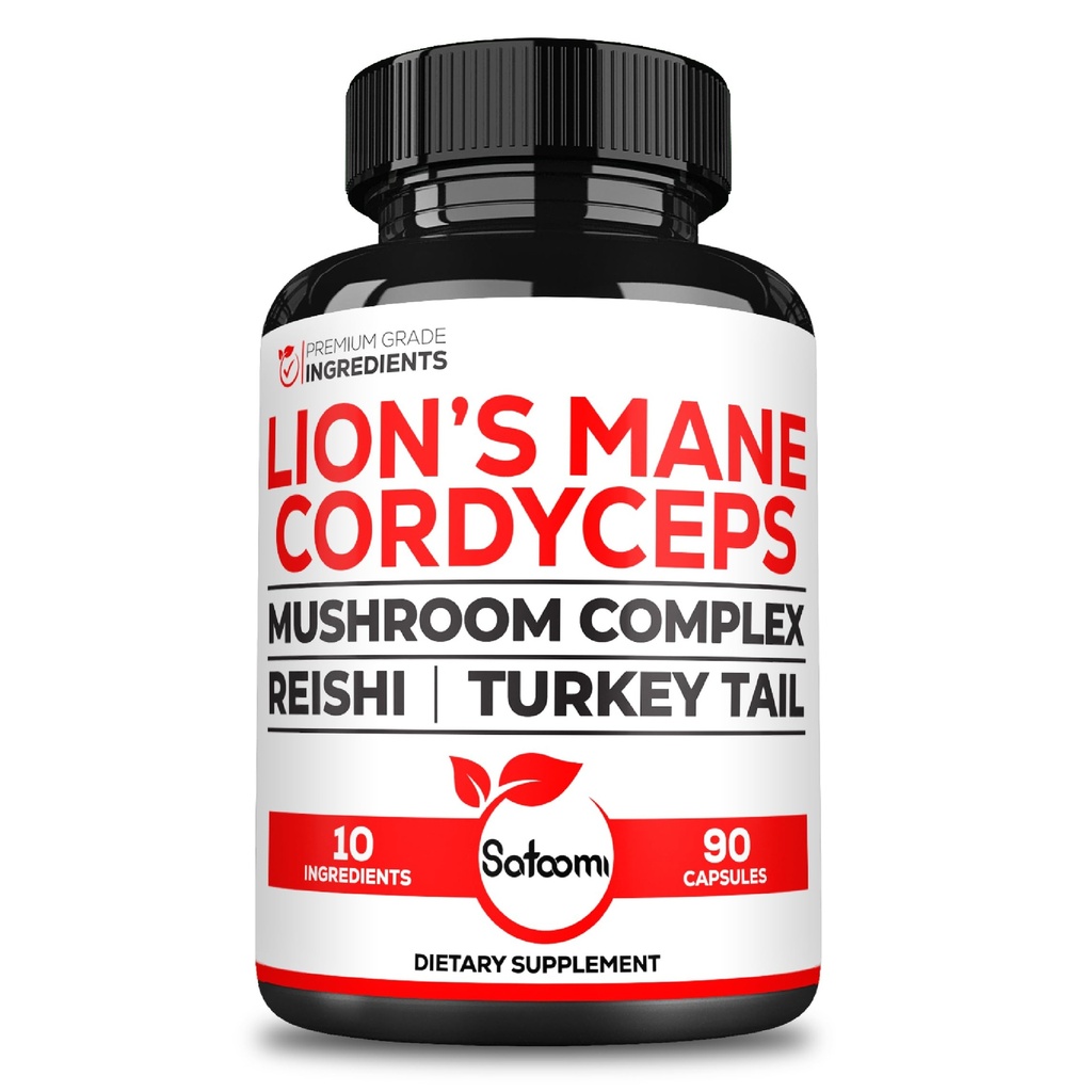 Satoomi 10in1 Cordyceps Mushroom Supplement - Blended with Lions Mane, Turkey Tail Mushroom, Reishi Mushroom &amp; Others - 90 Capsules for 90 Serving Supply